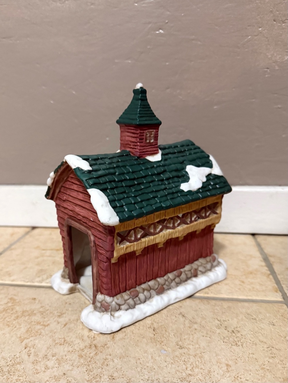 Red Covered Bridge Holiday Figurine with Green Roof